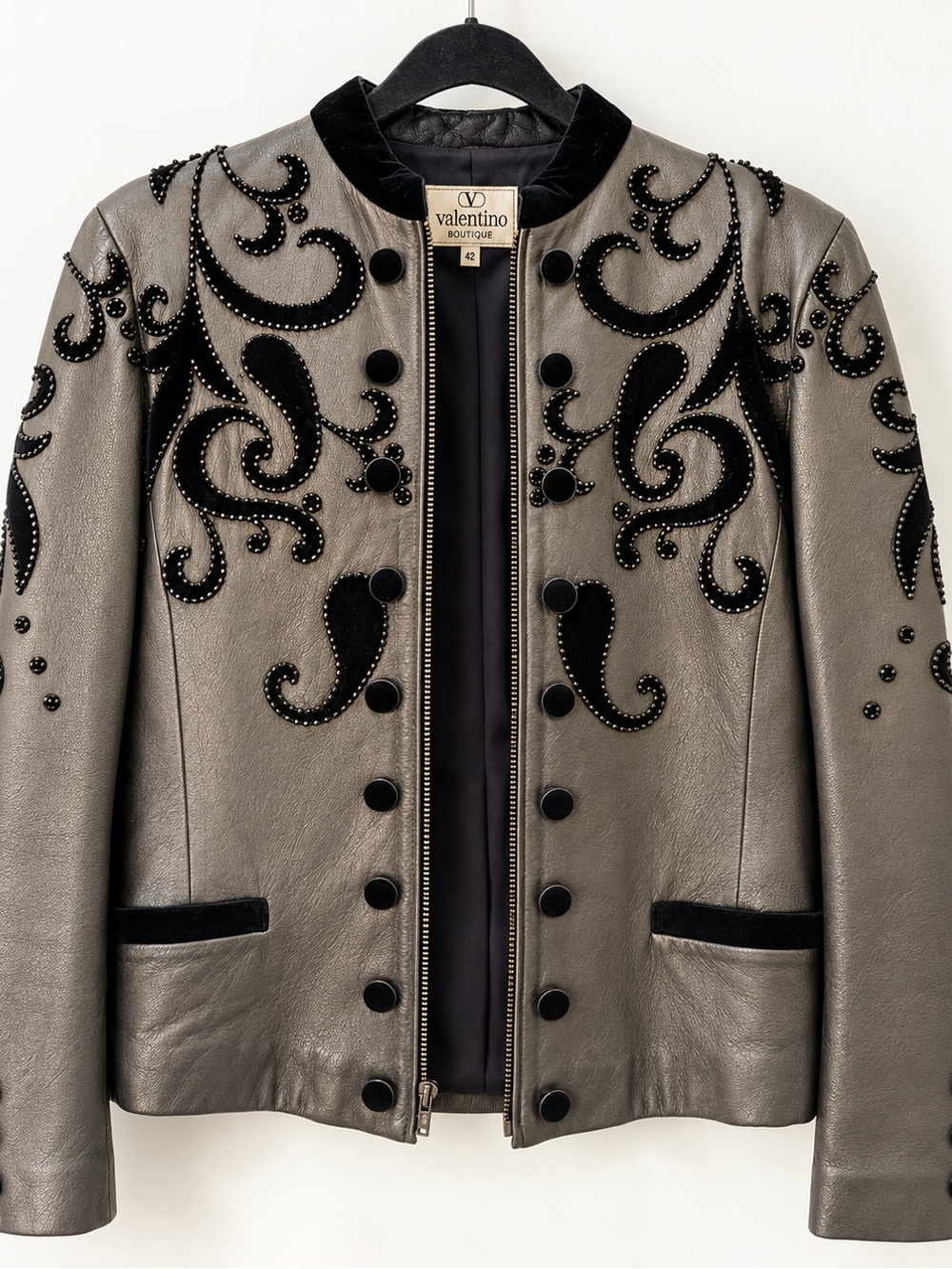 Valentino Metallic Gray Leather Jacket with Black Velvet Appliqué